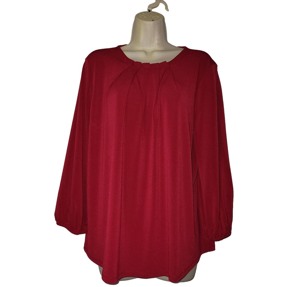 ADRIENNE PAPELL Red Long‎ Sleeve Blouse Top Pleated Detail Elegant Comfortable